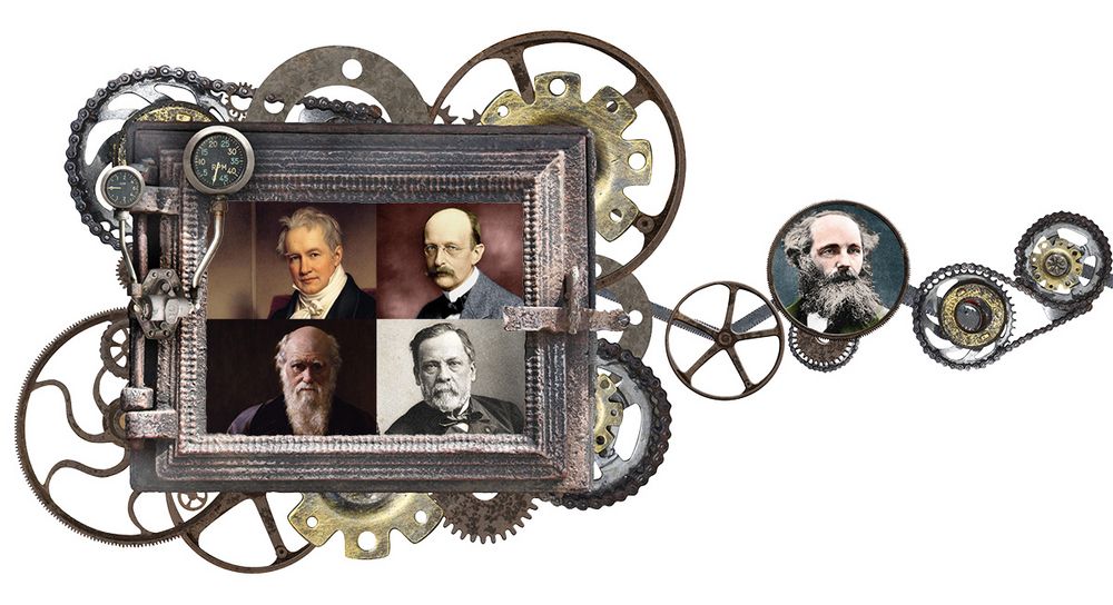 Berühmte Vorgänger, Zeitgenossen und Nachfolger (v.l.n.r., oben) Alexander  von Humboldt, Max Planck, (unten) Charles Darwin, Louis Pasteur. Helmholtz war daran beteiligt, dass sich James Maxwells Theorie zum Elektromagnetismus durchsetzte. Bilder: Lukiyanova Natalia frenta/Shutterstock.com, Joseph Karl Stieler, picture alliance/ullstein bild, John Collier, picture alliance/United Archives/WHA, picture alliance/ Bianchetti/leemage