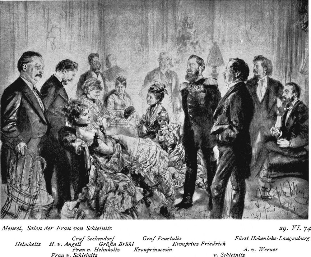 Salongesellschaft: Hermann von Helmholtz (links) und Anna (zweite Dame von links) veranstalteten nicht nur selbst Abendgesellschaften, sondern besuchten auch wie abgebildet andere Salons wie etwa den von Frau von Schleinitz (vorne links). Gäste waren Wissenschaftler und Künstler, aber auch beispielsweise Kronprinzessin Victoria (vierte Dame von links) und Kronprinz Friedrich Wilhelm (vierter Herr von rechts). Zeichnung: Adolph Menzel